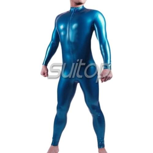 Suitop classical latex males catsuit front zip in metallic latex