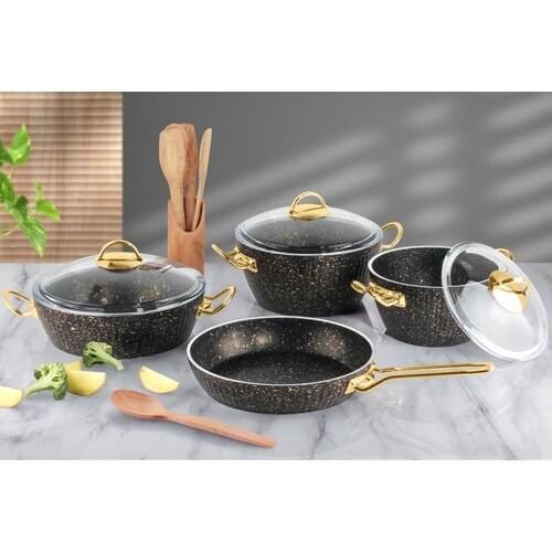 Lines Oscar Gold Metal Handle 7 Piece Granite Cookware Set Black