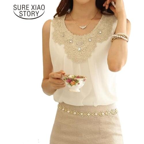 New 2021 Fashion Elegant Diamond Crochet Lace Sleeveless Pleated Chiffon Summer Tops Office Blouses Plus size S-XXXL 036