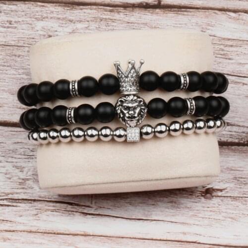 3Pcs/Set New Crown & Lion Head Bracelet Men Women Classic Vintage Style Matte Beads Stone Charm Bracelets For Couples Jewelry