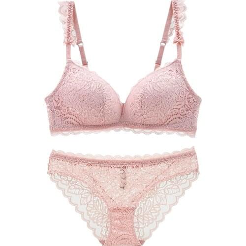 New Push Up Bra Set Sexy Women Underwear Set Lace Embroidery Pink Bow Adjusted Bras Wire-Free Lingerie Transparent Panties Set