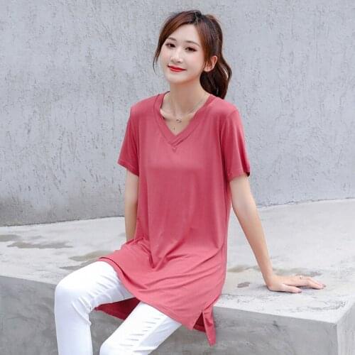 New Summer Modal T-shirt Women 2021 Fashion Casual V-Neck Short Sleeve Mid-Length Loose Tops Tee Plus Size