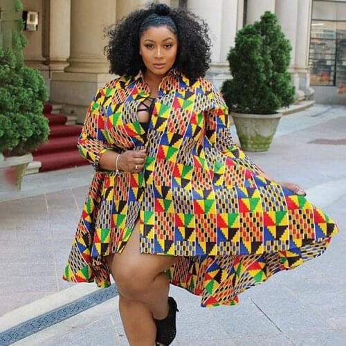 Geometric Pattern Casual Plus Size Dresses Indie Folk Style Long Sleeve Irregular Dress Vintage Single-breasted Oversize Dress