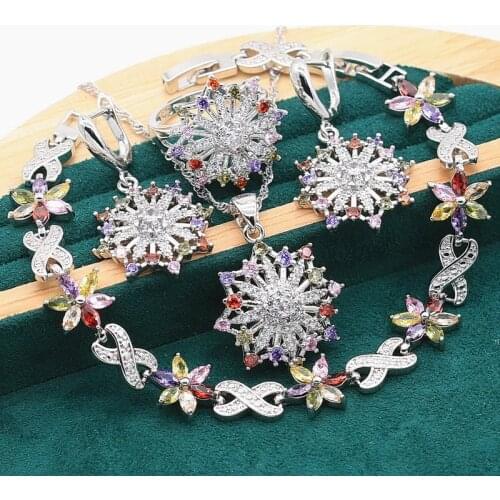 Multicolour Zircon 925 Silver Jewelry Sets For Women Party Bracelet Earrings Wedding Necklace pendant Ring Christmas Gift 4PCS