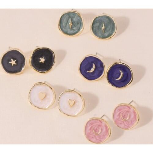 Chic Women Earrings Jewelry Fashion Korean Alloy Drop Oil Love Moon Lightning Flash Round Stud Earrings for Girls Party