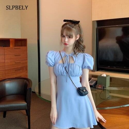 SLPBELY Sweet Women Dress 2021 Summer Blue Hollow Design Mini Dress Puff Sleeve Kawaii Slim Korean Dress Lovely Femmal Vestido
