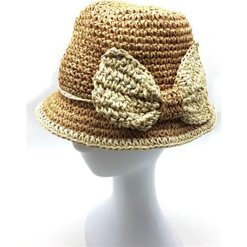 Kids Beach Foldable Paper Boater Pink Straw Hat Children Little Girls Bow Band Natural Summer Handmade Floppy Straw Hat