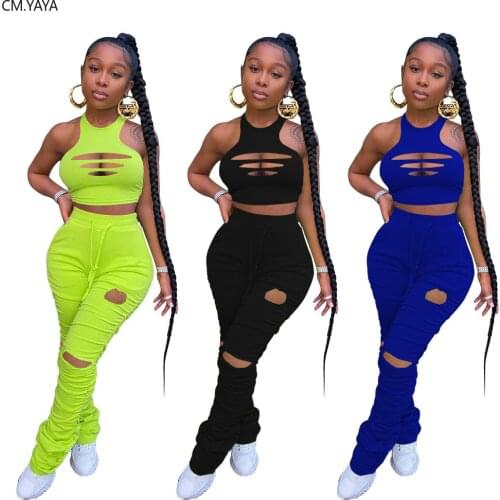 CM.YAYA Women Matching Set Hole Hollow Out Crop Tops Stacked Bell Bottom Jogger Pant Suit Two Piece Set Sport Tracksuit Outfit