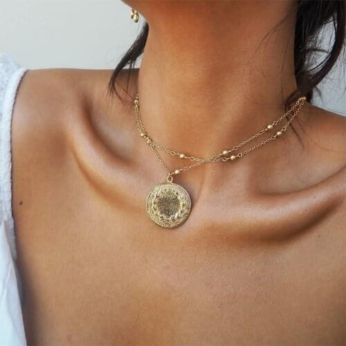 Vintage Gold Color Coin Pendant Necklace For Women Metal Ball Chain Geometric Multi Layer Choker Necklace Boho Jewelry