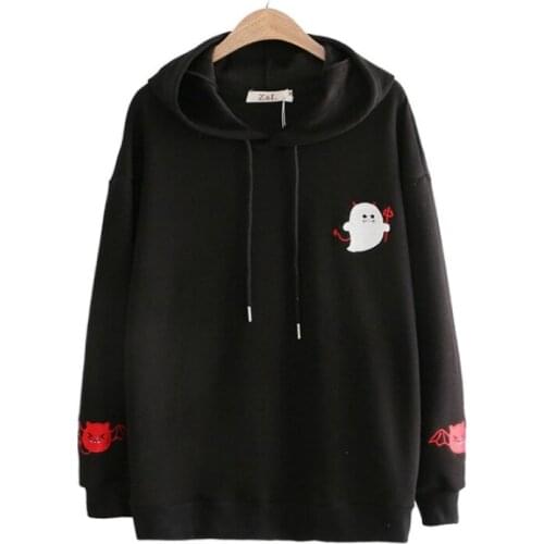 Winter Thick Women Hooded Sweatshirts Cartoon Demon Embroidery Plus Velvet Hoodies 2020 Autumn Flare Sleeve Pullover Tracksuits