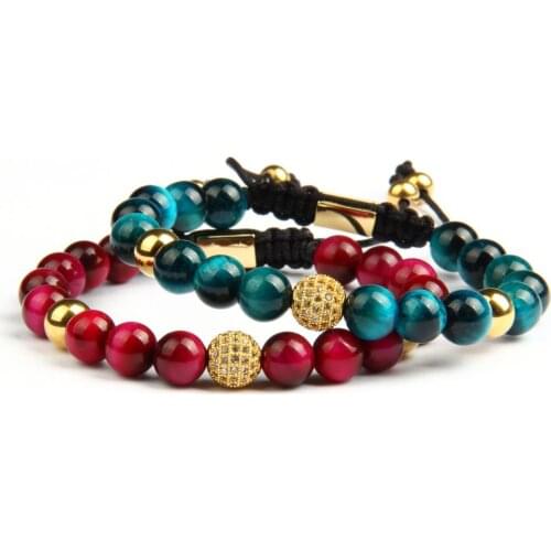 Ailatu Micro Pave Cz Ball Couples Bracelet with 8mm Natural Blue & Rose Tiger Eye Stone Beads Jewelry Top Quality