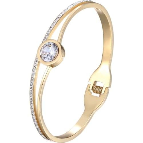Bilateral Zircon And Crystal Bracelets & Bangle For Woman Stainless Steel Gold Color Cuff Bangle Love Jewelry Wedding Gift