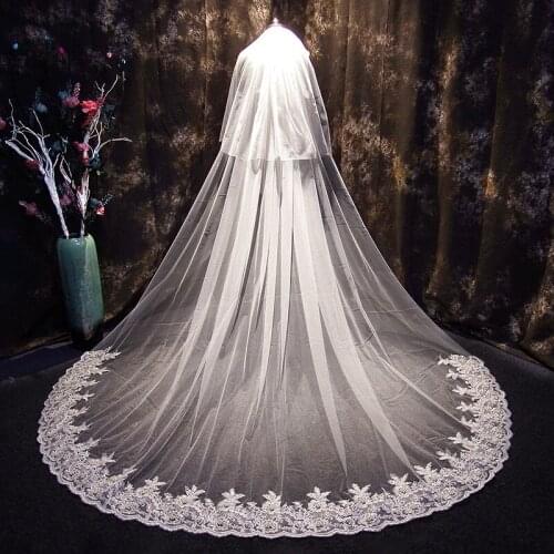 Luxurious 3 Meters Long Pearl Lace Edge Cathedral Veil Wedding Two Layers White Tulle Bridal Veil With Comb Veu de Noiva Longo