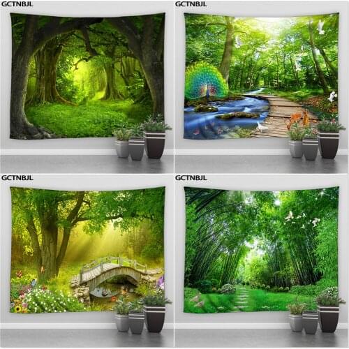 Landscape Tapestry Forest Waterfall Green Bamboo Tropical Rainforest Psychedelic Wall Hanging Tapestries Hippie Bedroom Blanket