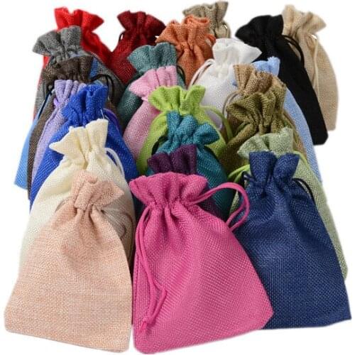 Hot sale (4 size) 100PCS Linen Jute Drawstring Pouch Cotton Mix Color Packages for Packaging Gift Wedding Christmas Candy Bags