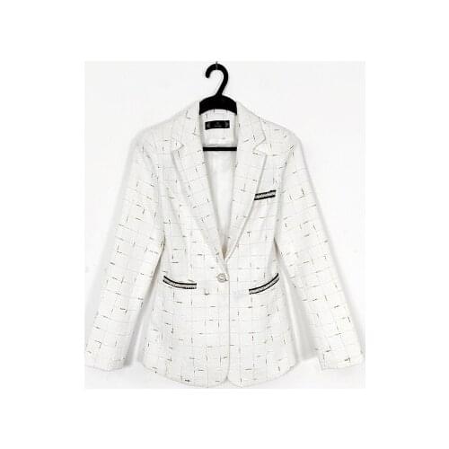 2021 Korean Womens Coats Slim Plaid Single Button Notched Blazer Feminino Plaid Blazer White Black Womens Coats Ladies Office
