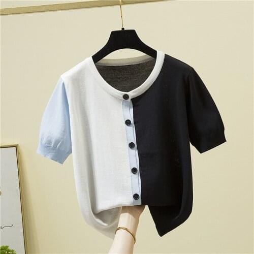 Fashion The New Color contrast Cardigan O-neck short-sleeved sweater bottoming shirt womens loose thin pullover summer Style