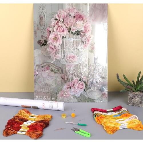 Landscape Flower Car Eiffel Tower Pre-Printed 11CT Cross-Stitch Embroidery Full Kit DMC Threads Sewing Needlework Jewelry