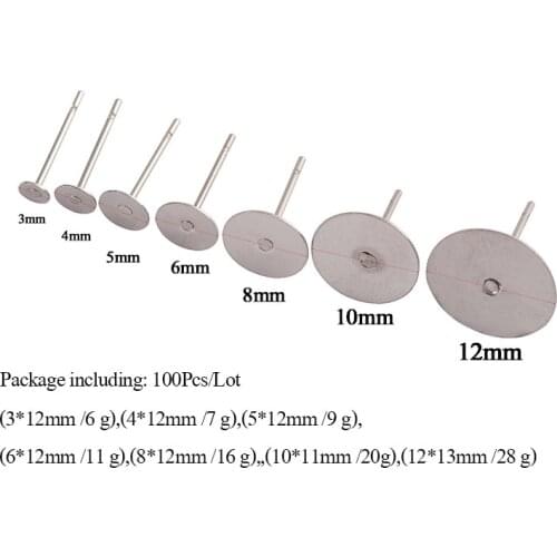 100pcs/lot Stainless Steel Blank Post Earring Studs Pins Steel Flat Round Tray Base for Earring Jewelry Findings Supplies DIY