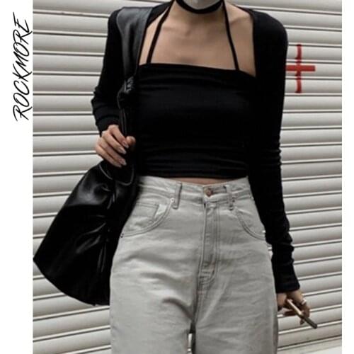 Rockmore Sexy Hollow Out T Shirt Halter Camis Crop Top Women Harajuku Long Sleeve Streetwear Black Basic Tight Tee 2 Piece Suit