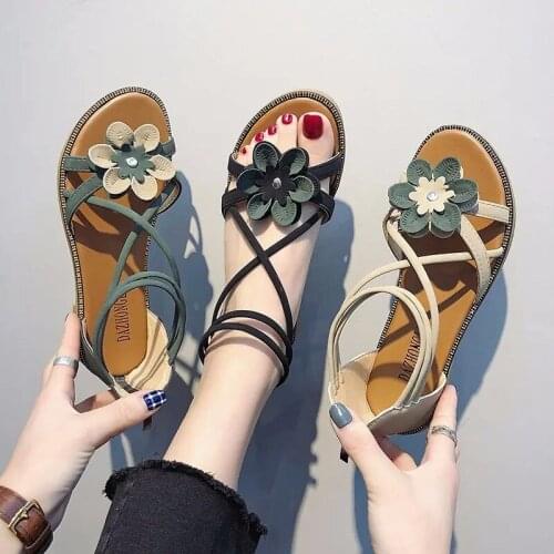 Womens Summer Sandals Versatile Roman Zipper Flower Flat Sandals Soft Non Slip Lace Up Beach Shoes Size 35-40