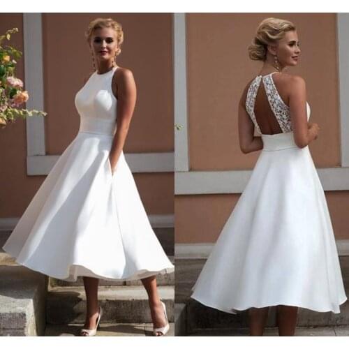 Wedding Dress Short O-Neck Sleeveless A-Line With Pocket Custom Made Knee Length Bridal Gowns White Gorgeous Cheap Price