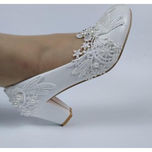 BaoYaFang White flower Thick Heel 7cm Shoes Woman High Heel Pumps Ladies Wedding shoes Lace-Up sweet party Dress shoe