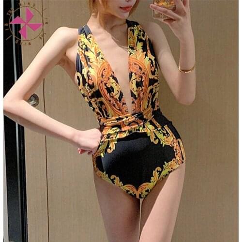 In The Wind Retro print deep V Neck One Piece Swimsuit With Beach Cover Ups Set New Women Cover Ups & One Piece Swimwear