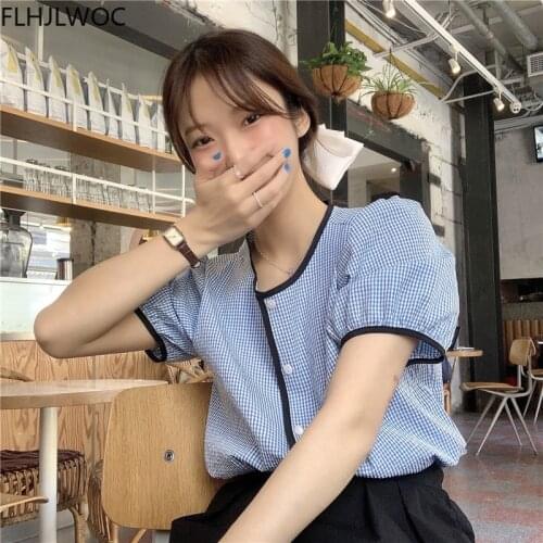 Vintage Retro Plaid Single-Breasted Shirt Female Tops Puff Sleeve Summer Women Blouses Femme Blusas Korea Chic Fashion