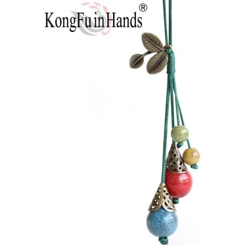 Vintage Leaves Pendant Long Necklace For Women Winter Sweater Chain for Lady China Ceramic Red Blue Round Beads Shape 2018 New