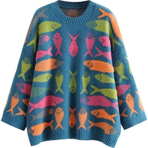PERHAPS U Women Blue Sweater Knitted Pullovers Long Sleeve O Neck Animal Small Fish Embroidery Casual Autumn Winter M0309