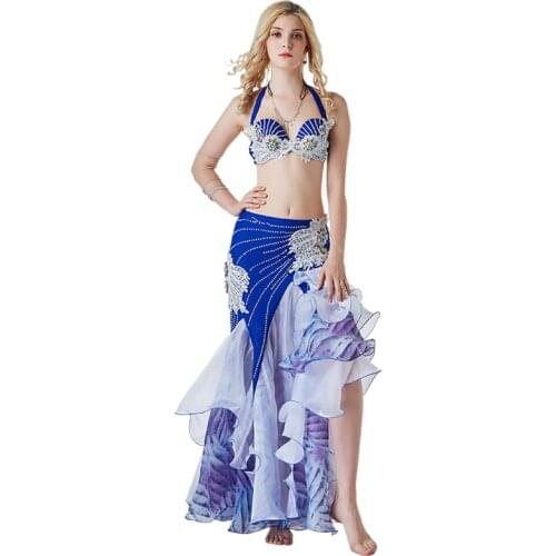 2019 New Professional Dance Wear Orient Dance Outfit Beading Fishtail Skirt Women Egyptian Belly Dance Costume Set Blue/white