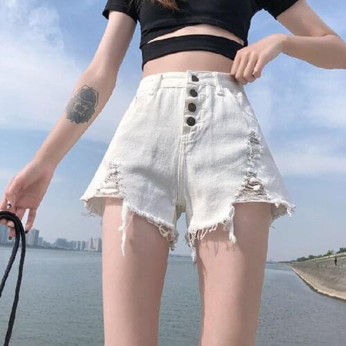 2021 Summer Women Shorts White Black Gray Ripped Jeans Single-breasted All-match Solid Denim Pants Fashion Sexy Street Clothes