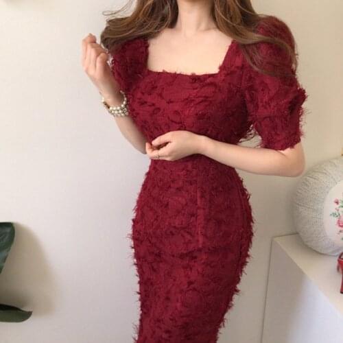 Temperament Square collar Feather Tassel Bodycon Mid Dress for Women Puff Sleeve Slim High waist Mermaid Dress Vestidos