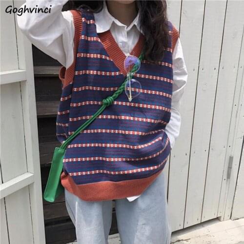 Sweater Vest Women Patchwork Knitted Tops V-neck Loose All-match Streetwear Retro Korean Sleeveless Leisure Ulzzang Daily Trendy