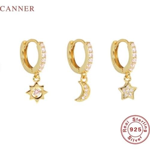 CANNER Trinity Star Moon Earrings For Women 100% Real 925 Sterling Silver Earrings Hoops Zircon Korean Fine Jewelry Pendientes