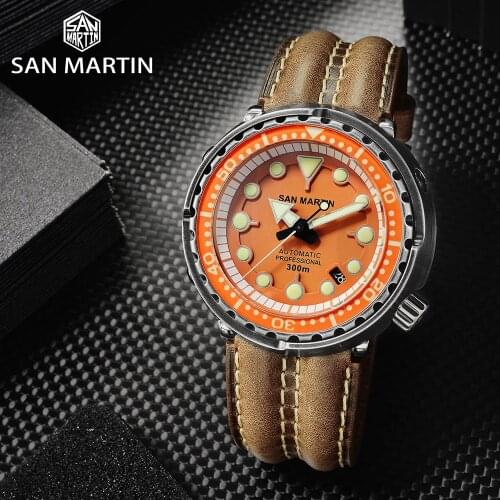 San Martin Retro Black Tuna Mechanical Watch NH35 Dial Men Diver Watch Automatic 300m Waterproof Leather Strap Luxury Watches
