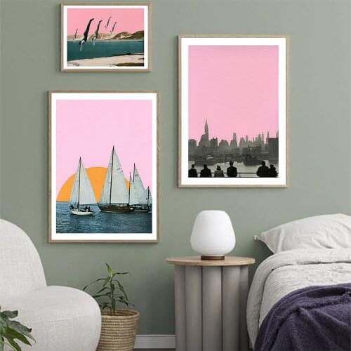 Pink Style Sunset With Sailboat Poster New York Nights Decorative Picture Modern Wall Art Paintings for Living Room Home Decor