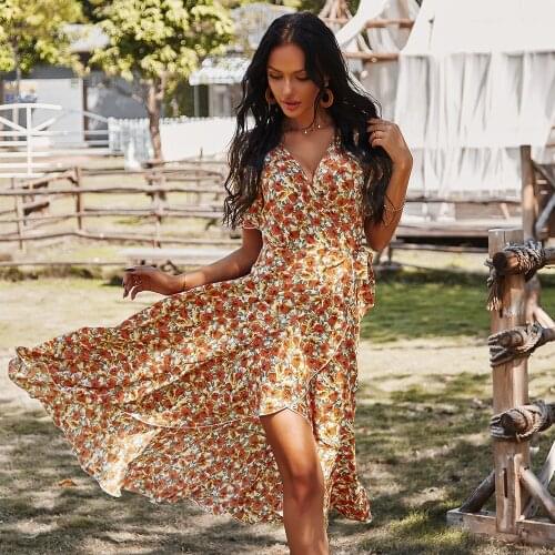 DUISNENA boho dress v-neck floral print women dresses belt high waist ruffled big swing fairy robe summer vestidos