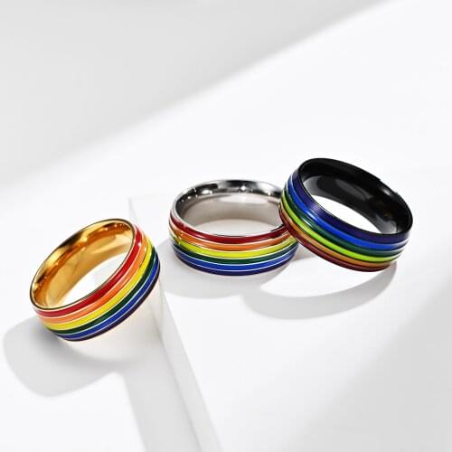 Hip Pop LGBT Gay Men Lesbian Pride Titanium Steel Rainbow Jewelry Ring For Women Men Unisex Fashion Jewelry Wholesale