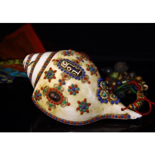 10"Tibet Temple Collection Old Natural conch Tracing Filigree mosaic Gem Dzi Bead Large French Conch Dharma Pendant Town House
