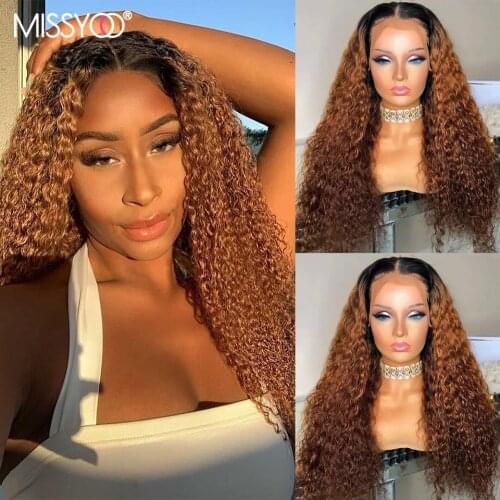 1B30 Brown Curly Wig Pre Plucked Part Lace Wig Brazilian Deep Curly Lace Wig Remy Hair Wig For Black Women 13x1 T Part Lace Wig