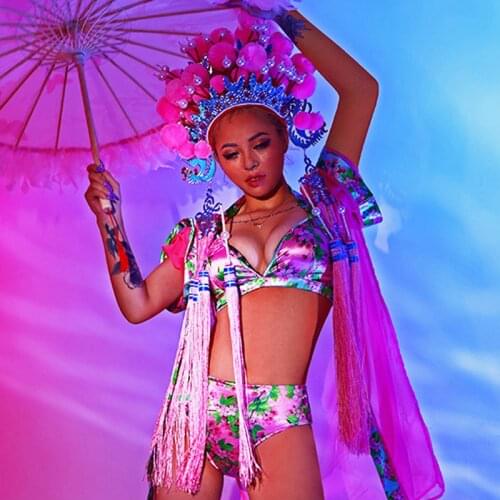 Sexy Nightclub Dj Costume Chinese Style Fringe Set Birthday Rave Party Outfit Bikini Cosplay Festival Clothing Stage Wear BL4967