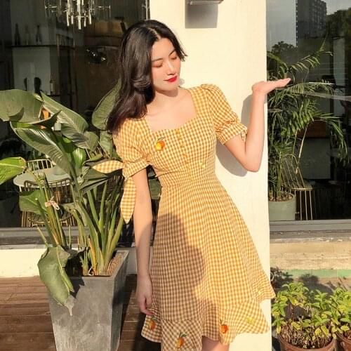 Summer Flower Fruit Embroidery Dress Sweet Teen Girls Bowknot Ruffle Short Sleeve Plaid Girl Dress Lolita Square Collar 2 Color