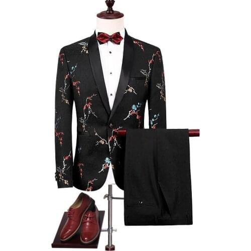 Jacket+Pants) Black Floral Print Tuxedo Mens Suits 2020 New Men Black Flower Suits Slim Vintage Designer Brand Party Tuxedo