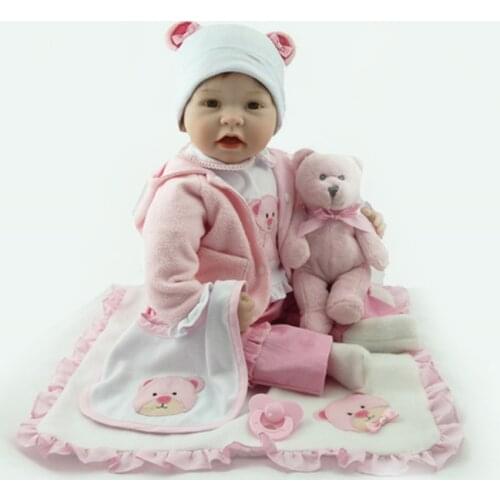 New Bebe Reborn Silicone Baby Doll smile baby childrens toys Magnet Pacifier 22 inch 55 cm Lovely pink baby bear doll