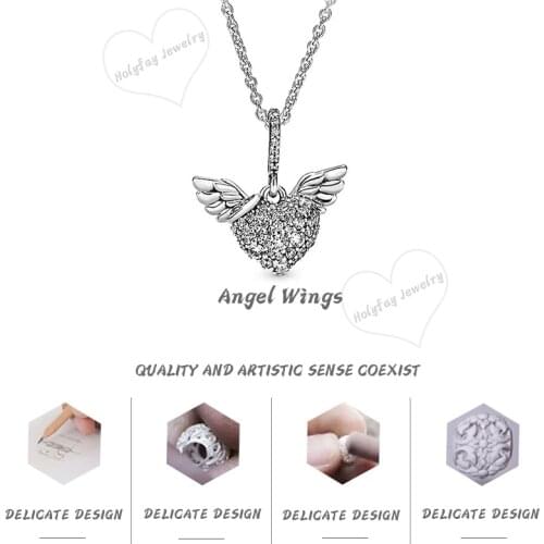 925 Sterling Silver Necklace Jewelry Heart And Angel Wings Dangles Cubic Zirconia Charms Pdoras Beads Gifts