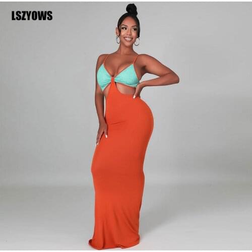 Spaghetti Strap V-Neck Maxi Dresses Fashion Patchwork Cut Out Backless Long Dress Women Sexy Hollow Out Bodycon Club Party Dress