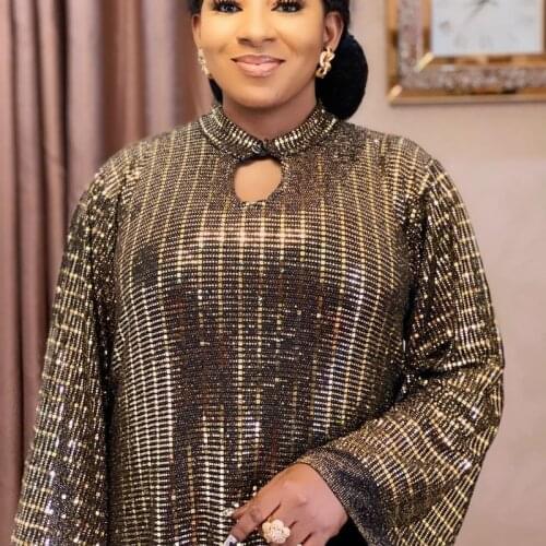 Gold Sequins African Dress Plus Robe African Clothes Hollow Out Collar Long Sleeve Maxi Dress Elasticity Partyclub Vestidos 2021