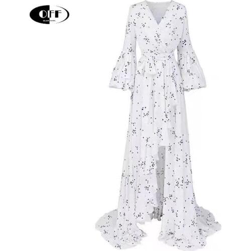 Holiday Spring Summer Woman Maxi Dress Elegant Printed Puff Long Sleeve V-Neck Ruffles Split Sexy Party Dinner Long Dresses Robe